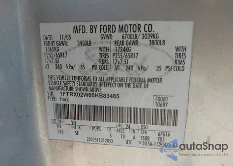 2006 Ford F-150 Stx/Xlt из США, поврежденный, VIN 1FTRX02W66KB83485